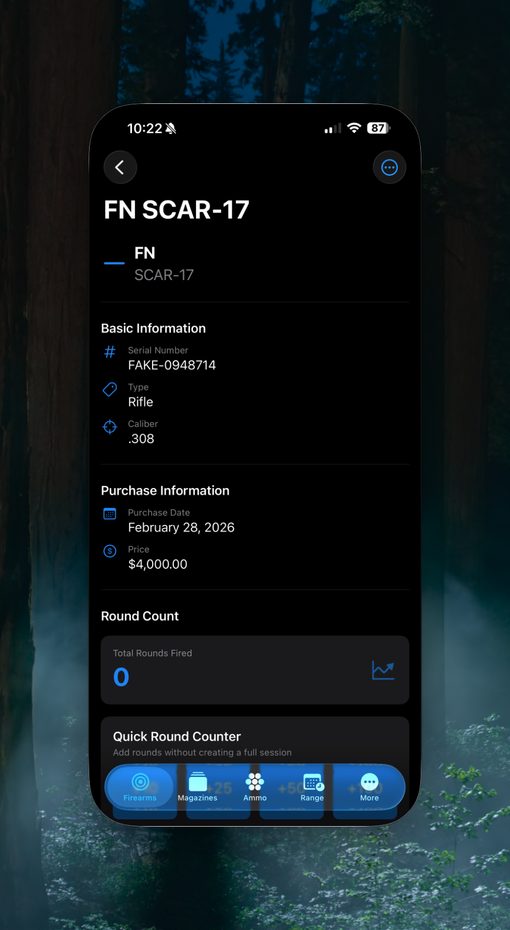 iPhone — Detailed firearm view with serial number, caliber, and round count
